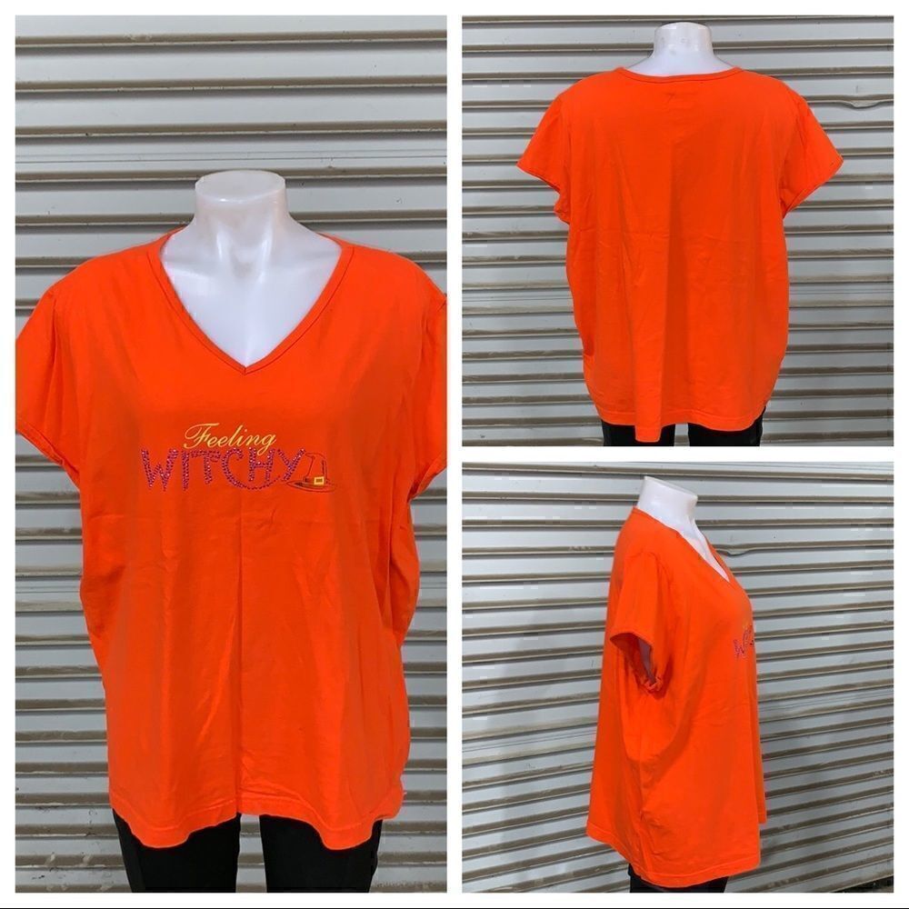Fashion big orange t-shirt says feeling witchy
